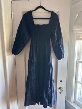 Madewell Dark Navy Smocked Midi Dress with Puff Sleeves